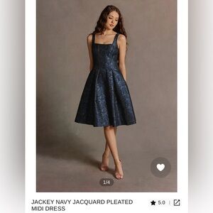 Azazie Navy Jacquard Pleated Midi Dress